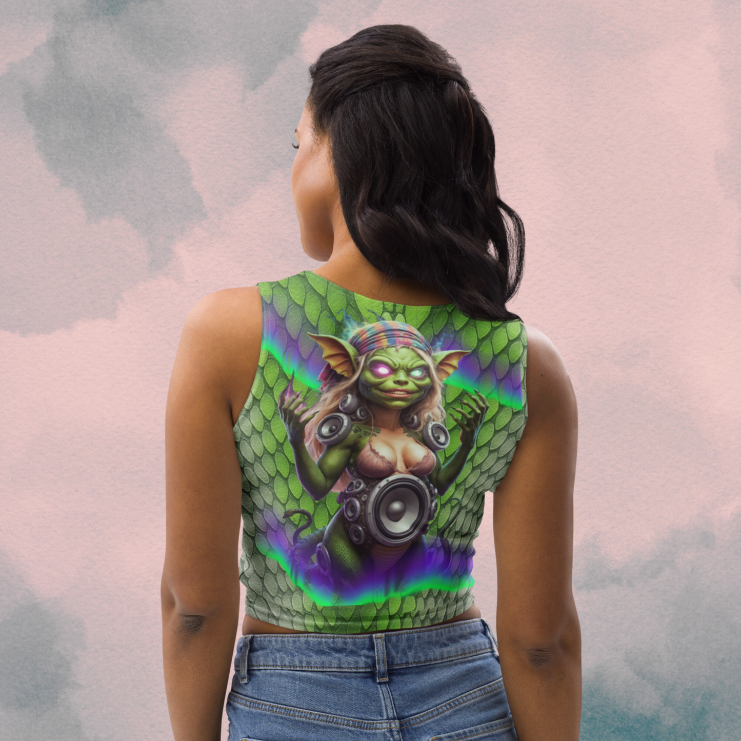 Bass Gremlin Crop Top – Psychedelic Aurora Borealis Reptile Print | EDM Crop Top
