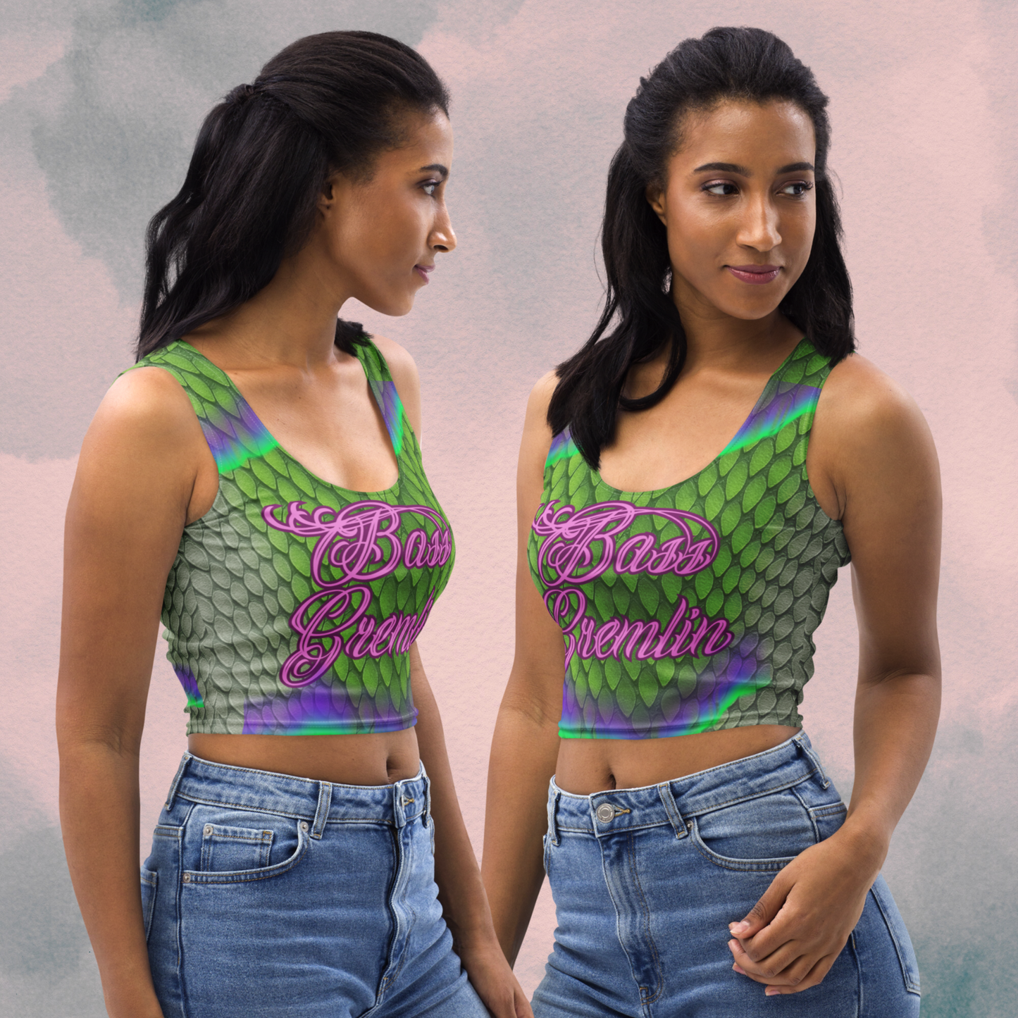Bass Gremlin Crop Top – Psychedelic Aurora Borealis Reptile Print | EDM Crop Top