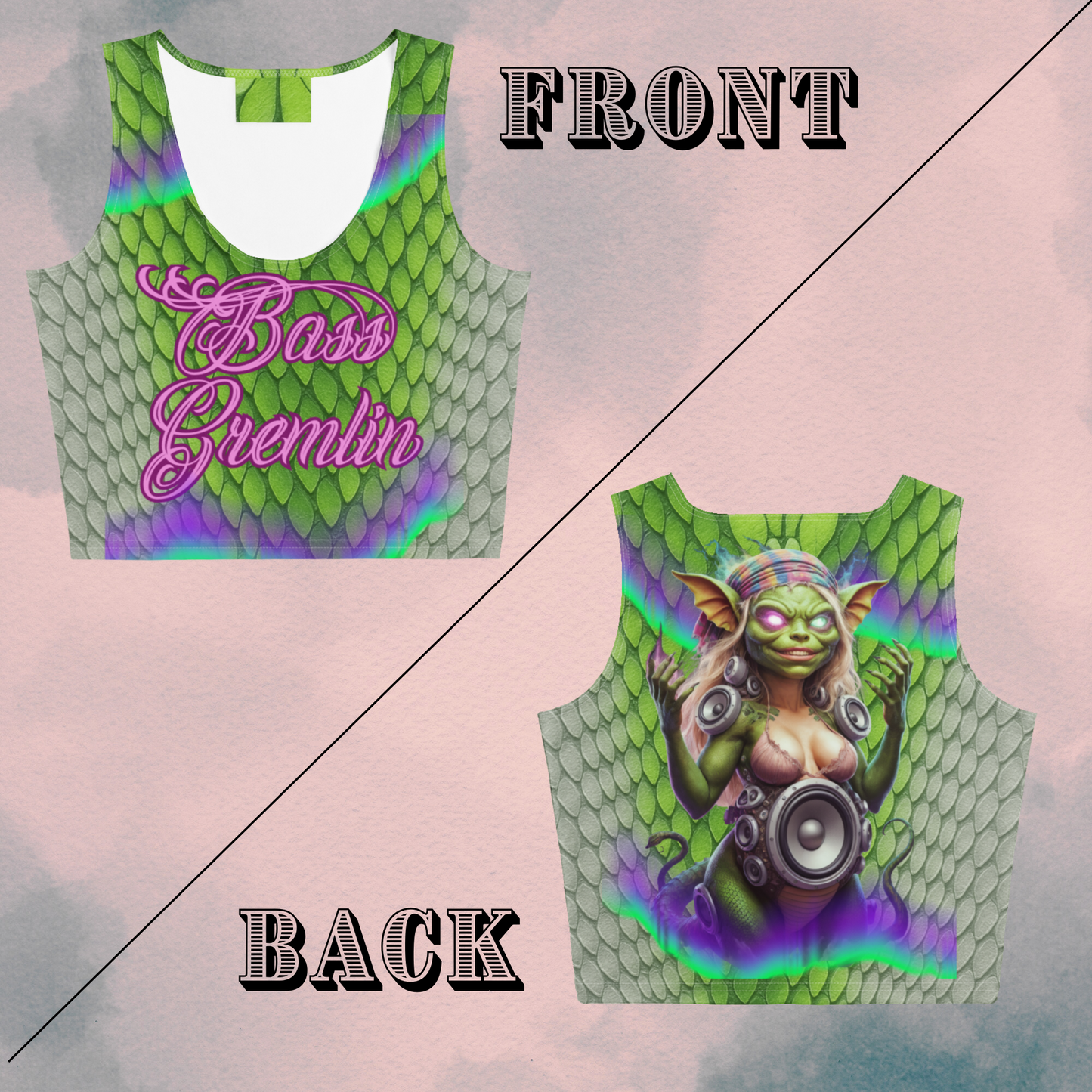 Bass Gremlin Crop Top – Psychedelic Aurora Borealis Reptile Print | EDM Crop Top