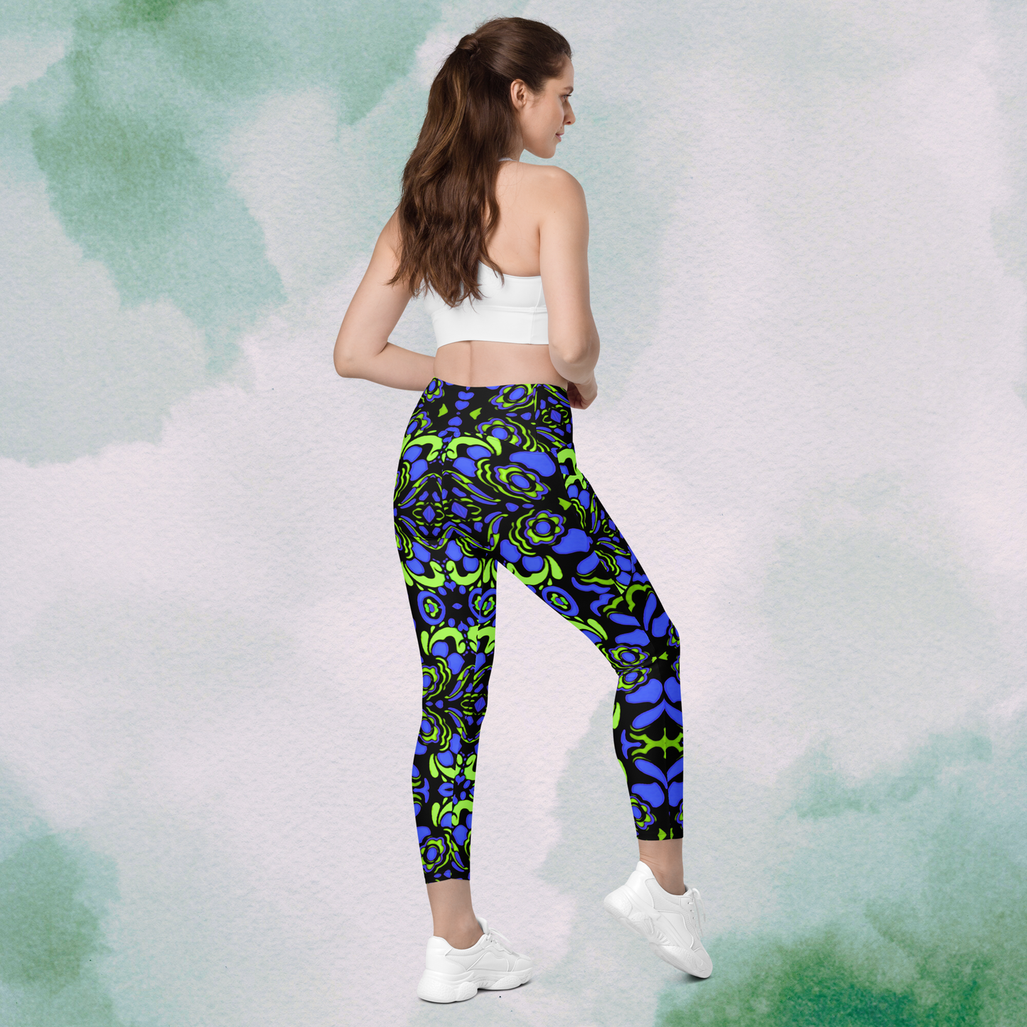 Blue + Green Trippy Crossbody Leggings With Pockets