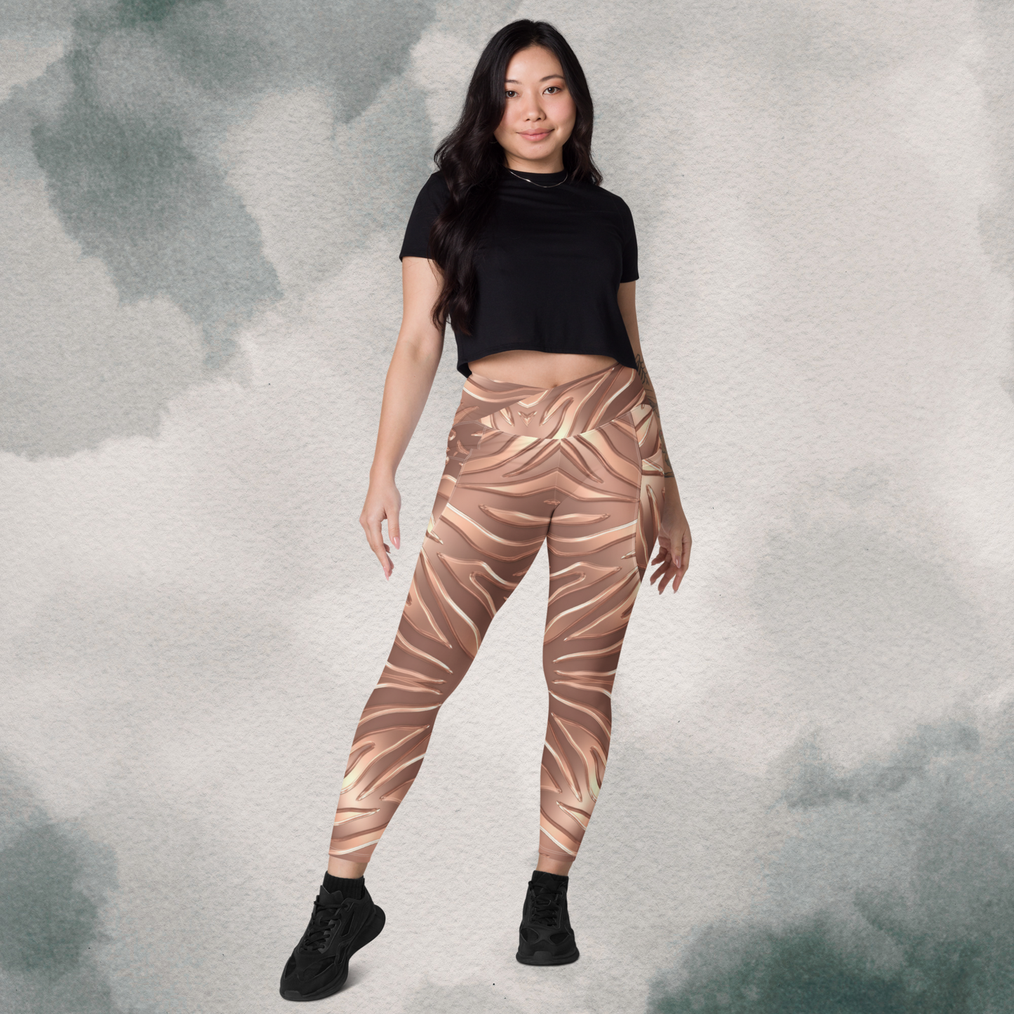 Rose Gold Tiger - Crossover Leggings With Pockets