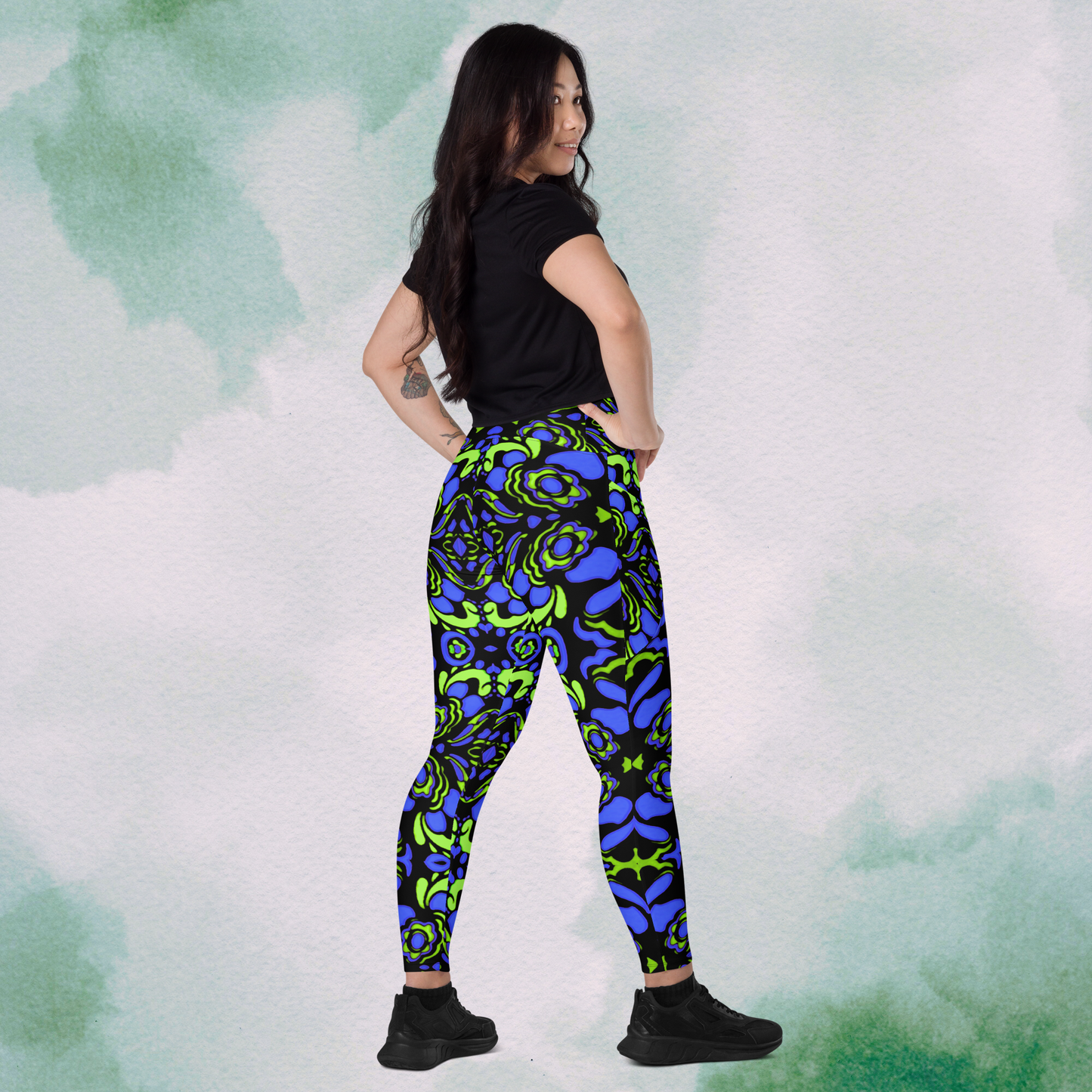 Blue + Green Trippy Crossbody Leggings With Pockets