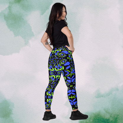 Blue + Green Trippy Crossbody Leggings With Pockets