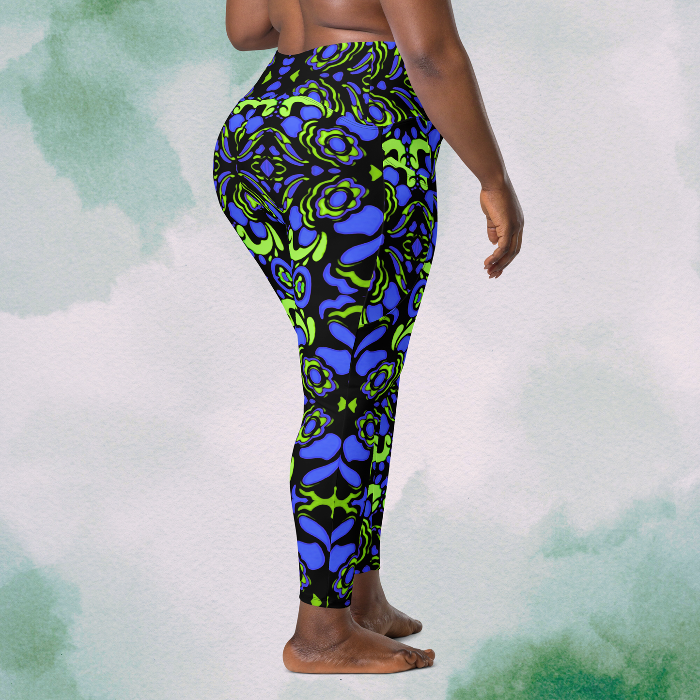 Blue + Green Trippy Crossbody Leggings With Pockets