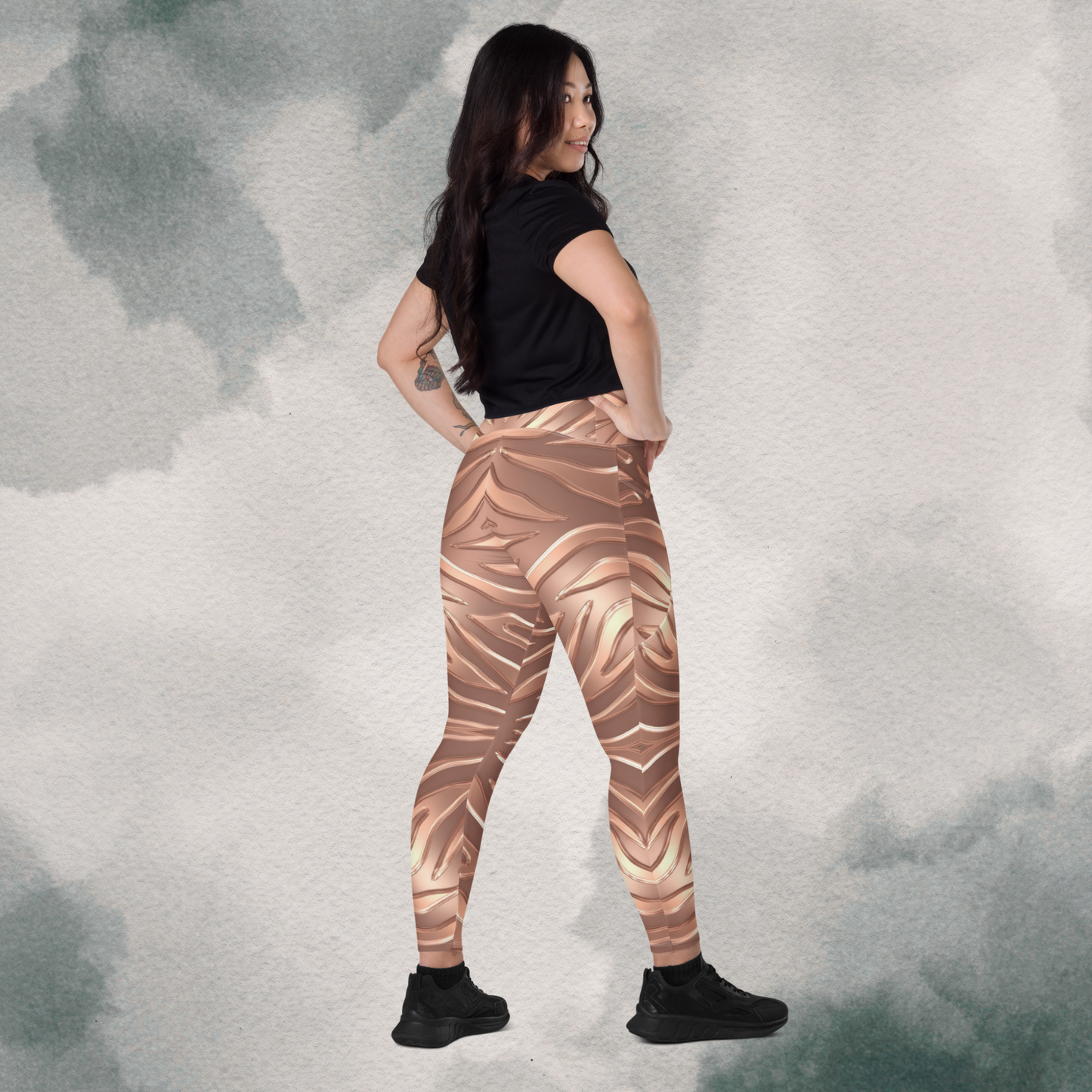 Rose Gold Tiger - Crossover Leggings With Pockets