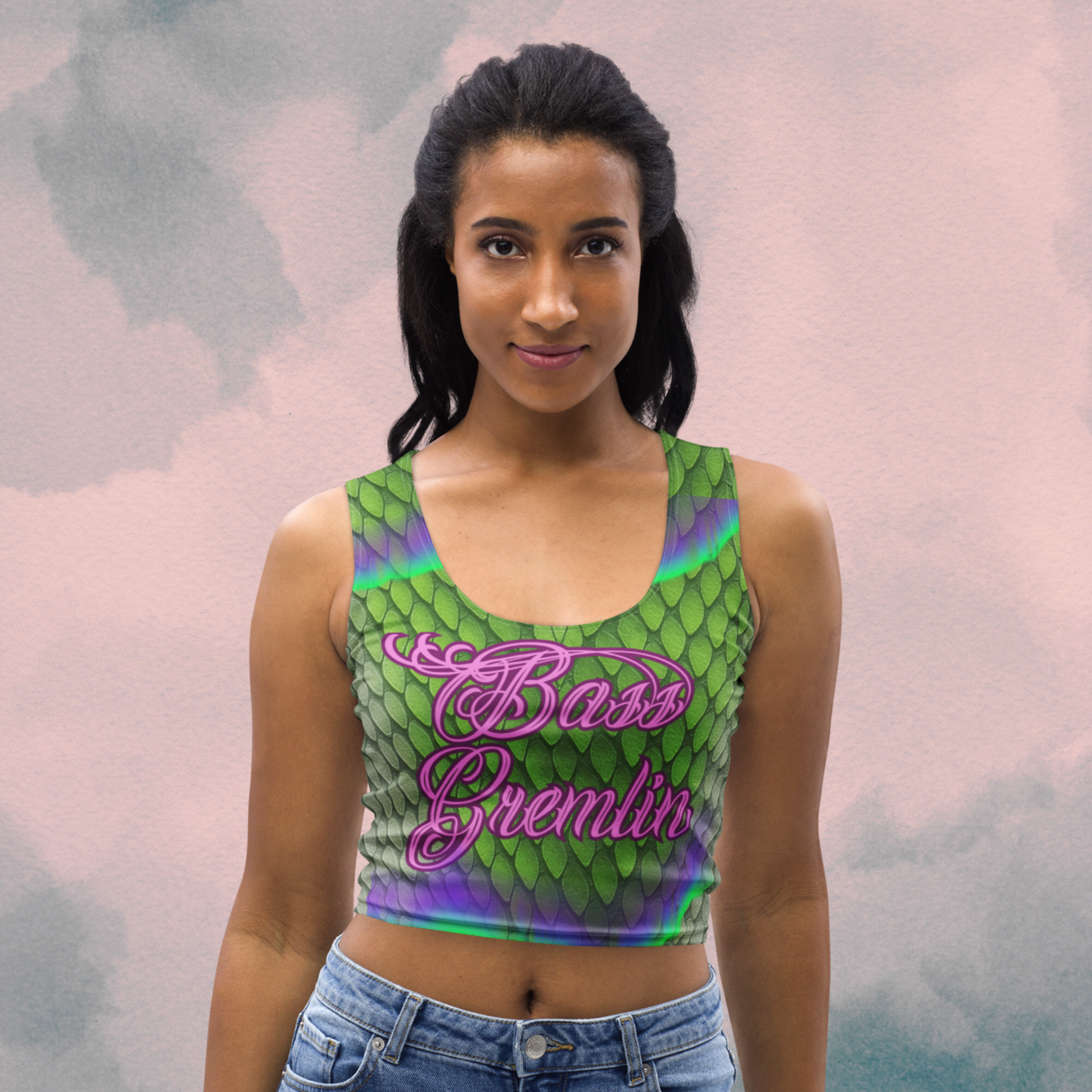 Bass Gremlin Crop Top – Psychedelic Aurora Borealis Reptile Print | EDM Crop Top
