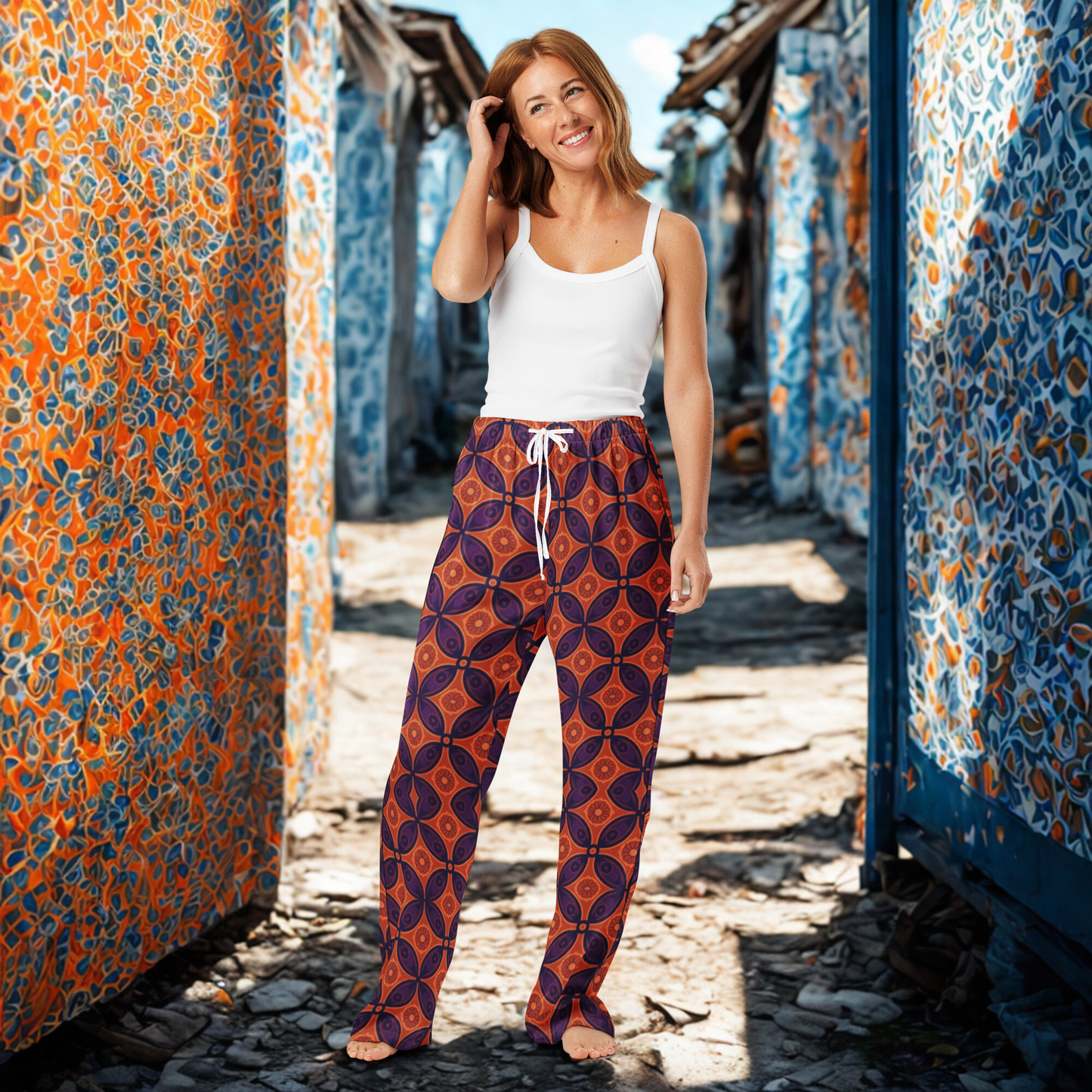 Purple & Orange Boho Geometric Pattern - Silk Wide Leg Pants