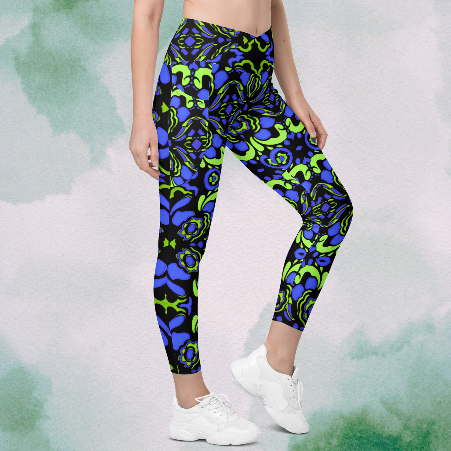 Blue + Green Trippy Crossbody Leggings With Pockets