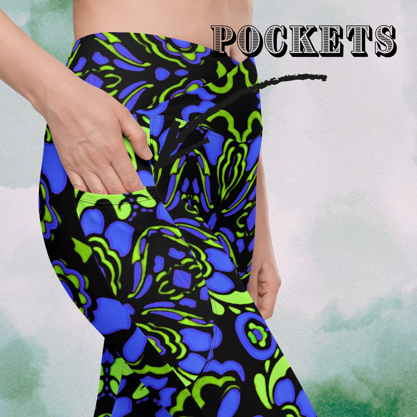 Blue + Green Trippy Crossbody Leggings With Pockets
