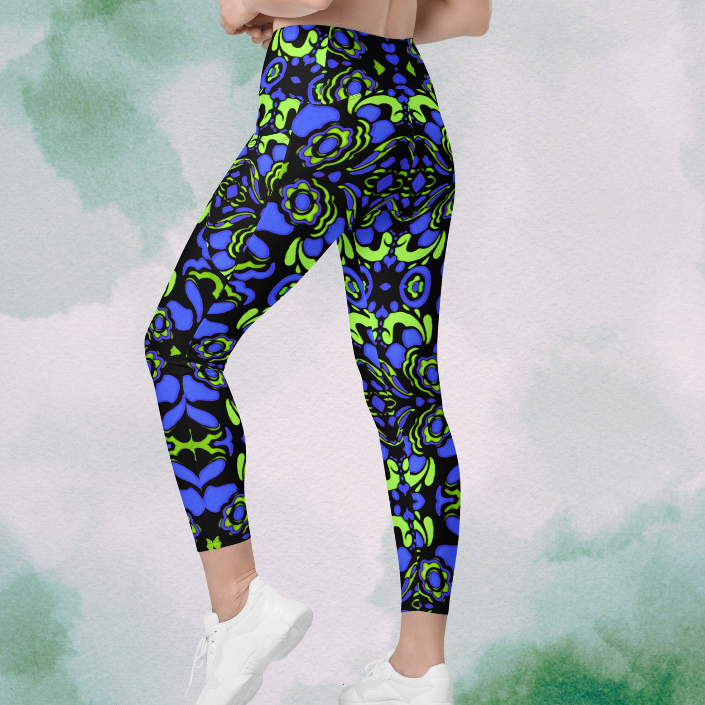 Blue + Green Trippy Crossbody Leggings With Pockets