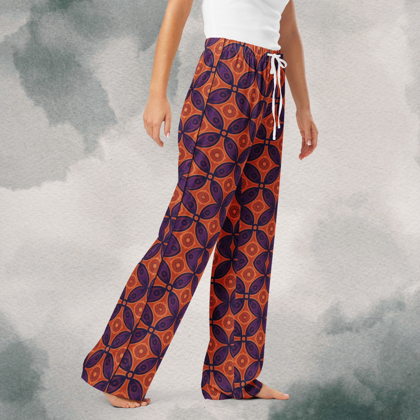 Purple & Orange Boho Geometric Pattern - Silk Wide Leg Pants