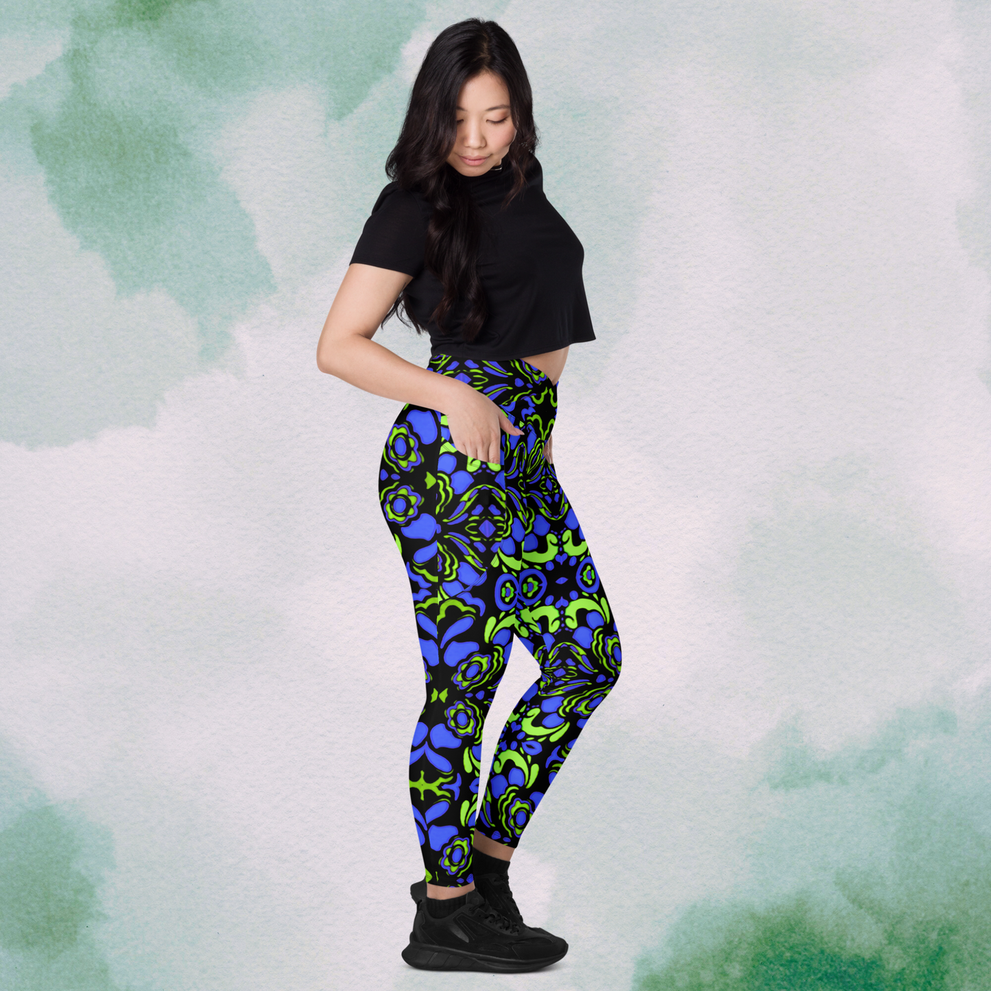 Blue + Green Trippy Crossbody Leggings With Pockets