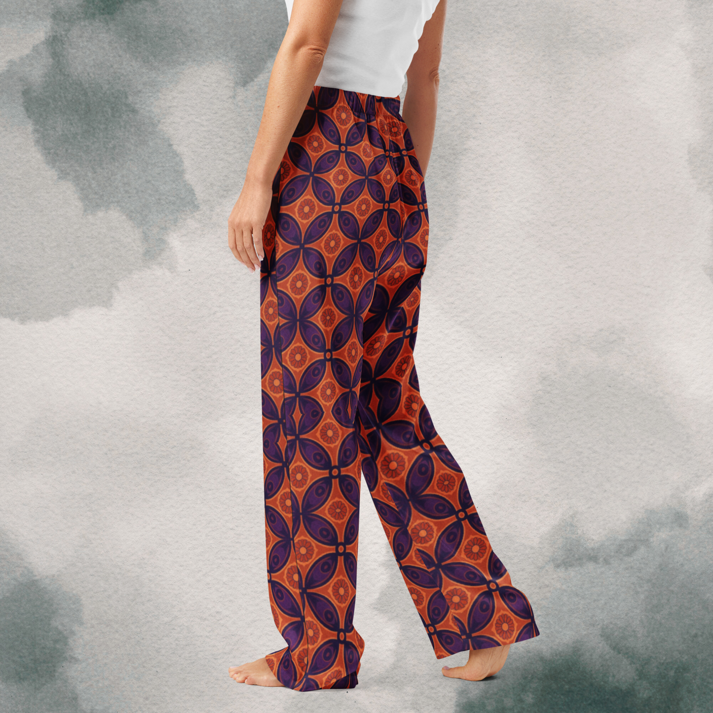 Purple & Orange Boho Geometric Pattern - Silk Wide Leg Pants