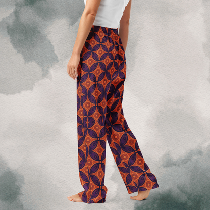 Purple & Orange Boho Geometric Pattern - Silk Wide Leg Pants